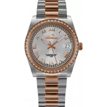 BELLEVUE Woman I21 36mm Analog Quartz Watch Silver Dial Black Leather Strap