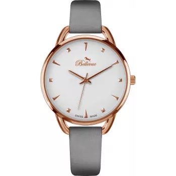 BELLEVUE Women's Analog Quartz Watch B34 38mm Stainless Steel Case White Dial Black Leather Strap