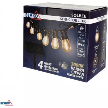 BEMKO SOLBEE Saulės energija varomi LED sodo žibintai, 10 LED, 10 m, šiltai balta 3000K, IP65, juoda