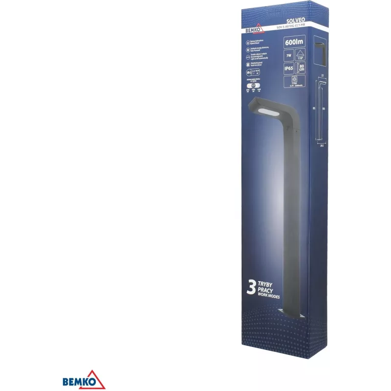 BEMKO SOLVEO Hybrid LED sodo žibintas, 7W, 600lm, CCT 3000K/4000K/6500K, 80cm, IP65, tamsiai pilkas, PIR jutiklis