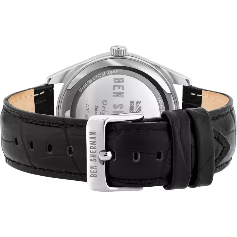 Ben Sherman vyriškas analoginis kvarcinis laikrodis WB039BB, 43 mm juodas ciferblatas, juodas odinis dirželis