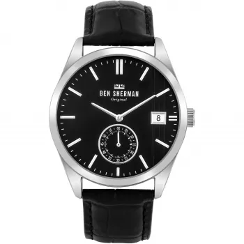 Ben Sherman vyriškas analoginis kvarcinis laikrodis WB039BB, 43 mm juodas ciferblatas, juodas odinis dirželis