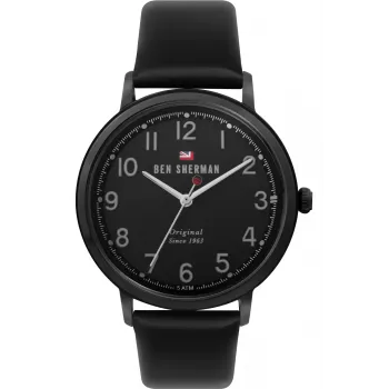 Ben Sherman WBS113BB Vyriškas analoginis kvarcinis laikrodis, 43 mm, juodas ciferblatas, natūralios odos dirželis