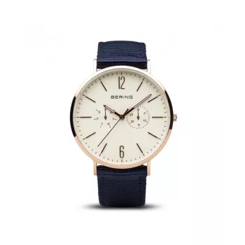 Bering Classic vyriškas kvarcinis laikrodis 40mm mėlynas ciferblatas rožinis auksas nerūdijančio plieno tinklelis 14240-864B