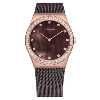 BERING moteriškas laikrodis 12430-262 30mm rožinio aukso spalvos nerūdijančio plieno tinklelio apyrankė su rudu saulės spindulių ciferblatu