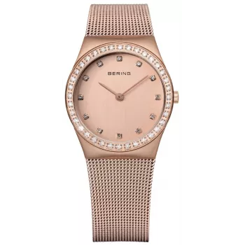 BERING moteriškas laikrodis 12430-366 30mm rožinio aukso nerūdijančio plieno rudas saulės spindulių ciferblatas