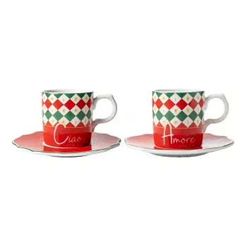 Bialetti Tricolore Espresso Puodelių rinkinys su lėkštutėmis (2 puodeliai, 2 lėkštutės)