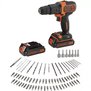 BLACK+DECKER 18V belaidis plaktukinis gręžtuvas-suktuvas BDCHD18BAFC, juoda/oranžinė, 2x 1,5 Ah ličio jonų baterijos, 80 dalių priedų rinkinys, dėklas
