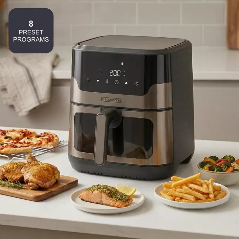 BLACK+DECKER BXAF8001E 8L skaitmeninis oro gruzdintuvas, 1700W, 8 programų, nelipni krepšelis, juodos spalvos