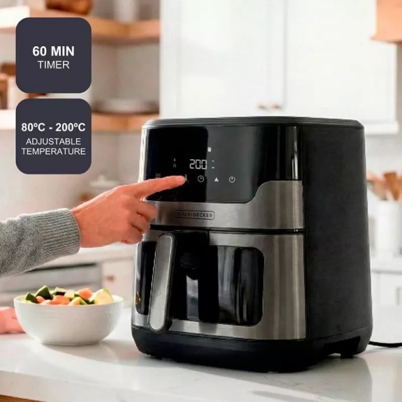 BLACK+DECKER BXAF8001E 8L skaitmeninis oro gruzdintuvas, 1700W, 8 programų, nelipni krepšelis, juodos spalvos