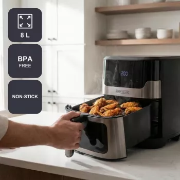 BLACK+DECKER BXAF8001E 8L skaitmeninis oro gruzdintuvas, 1700W, 8 programų, nelipni krepšelis, juodos spalvos