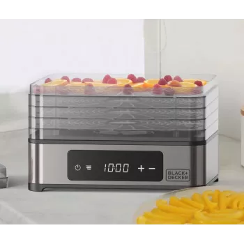 Black+Decker BXDE401E Vaisių, grybų ir daržovių džiovintuvas – 400W, 5 padėklų, skaitmeninis laikmatis, BPA neturintis plastikas, juodos spalvos