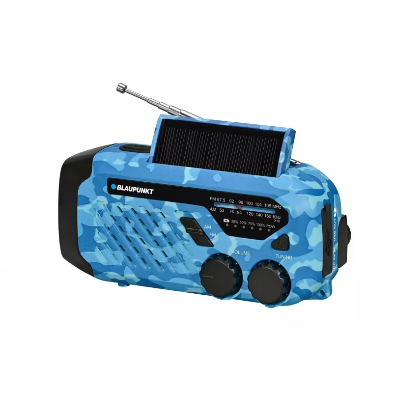 Blaupunkt ER10BC FM PLL skaitmeninis žadintuvas radijas su dvigubu žadintuvu, USB įkrovimu, termometru, mėlyna kamufliažinė