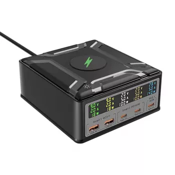 BlitzWolf BW-S28 260W GaN USB-C įkrovimo stotis, 2xUSB-A, 3xUSB-C, 15W belaidis įkroviklis, juoda