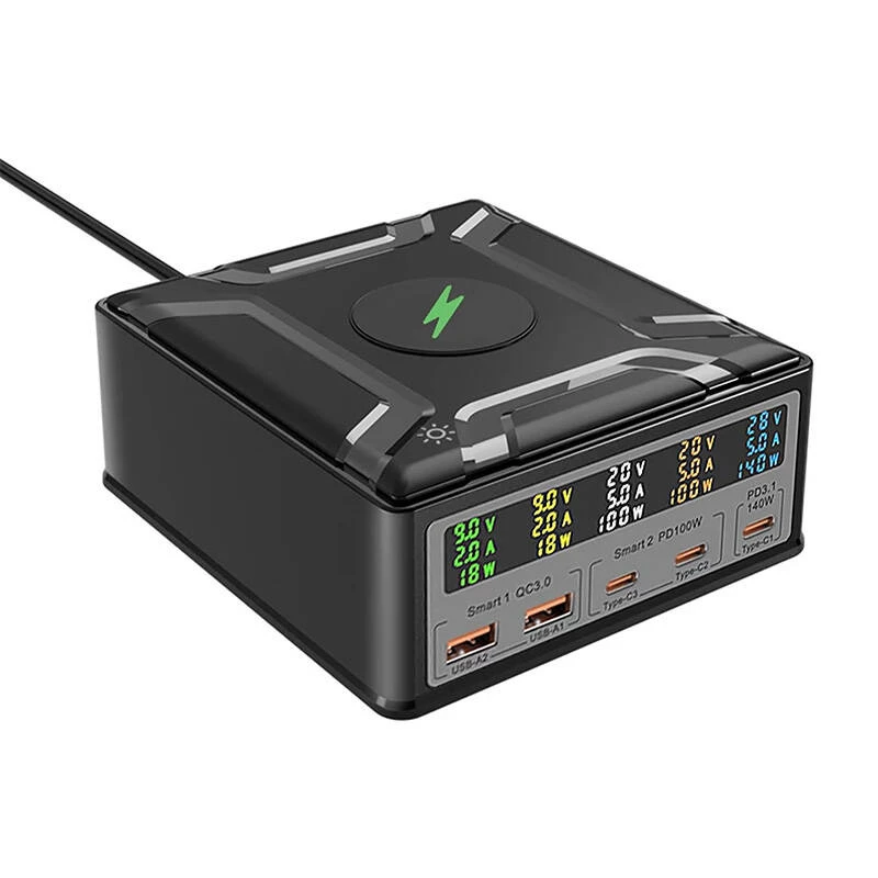 BlitzWolf BW-S28 260W GaN USB-C įkrovimo stotis, 2xUSB-A, 3xUSB-C, 15W belaidis įkroviklis, juoda