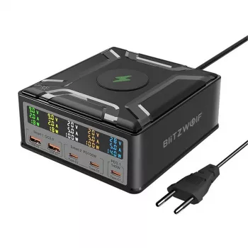 BlitzWolf BW-S28 260W GaN USB-C įkrovimo stotis, 2xUSB-A, 3xUSB-C, 15W belaidis įkroviklis, juoda