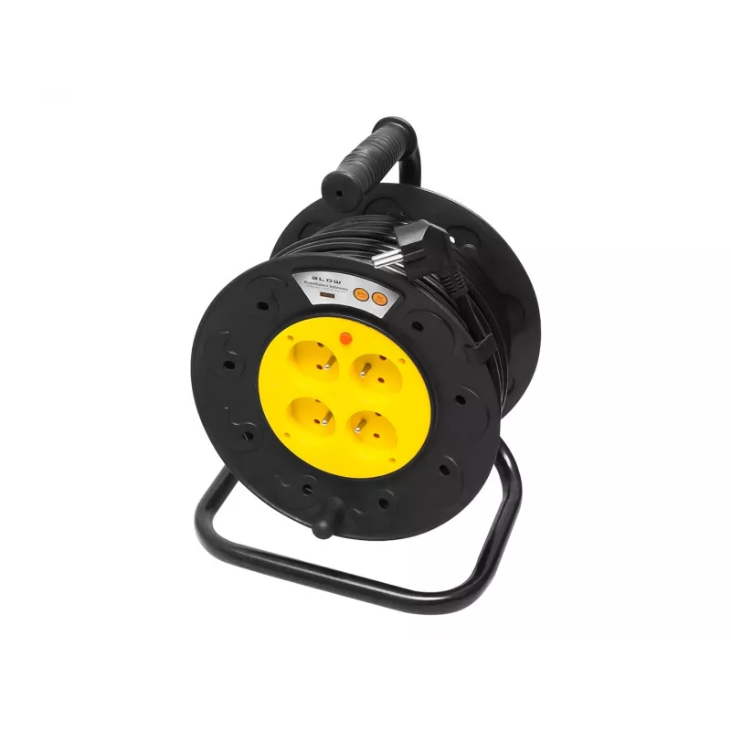 BLO PR-61 30m ilgintuvo būgnas su 4 įžemintais lizdais, šilumine apsauga, 3x1,5mm² H05VV-F kabeliu, IP20, 16A/230V, max 3680W išvyniotas