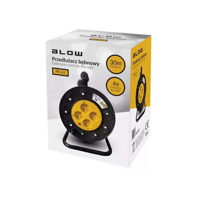 BLO PR-61 30m ilgintuvo būgnas su 4 įžemintais lizdais, šilumine apsauga, 3x1,5mm² H05VV-F kabeliu, IP20, 16A/230V, max 3680W išvyniotas