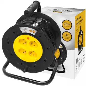 BLO PR-61 30m ilgintuvo būgnas su 4 įžemintais lizdais, šilumine apsauga, 3x1,5mm² H05VV-F kabeliu, IP20, 16A/230V, max 3680W išvyniotas