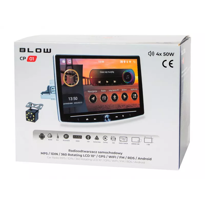 BLOW CP01 1DIN 10,1 colio Android 10 automobilinis radijas su pasukamu ekranu, belaidžiu CarPlay ir Android Auto, GPS, Wi-Fi, Bluetooth