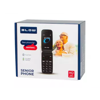 BLOW S24 Black Senjorių Telefonas su SOS Mygtuku, Dideliais Klavišais, Dviem SIM, Kamera, FM Radiju, Žibintuvėliu ir Įkrovimo Stovu