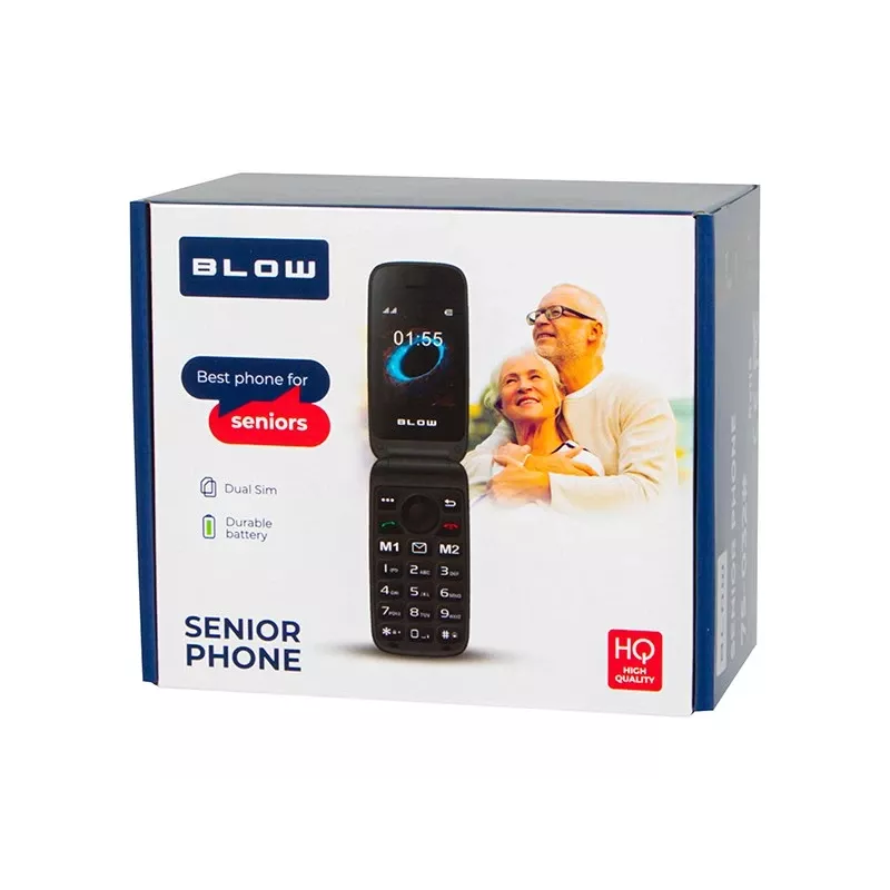 BLOW S24 Black Senjorių Telefonas su SOS Mygtuku, Dideliais Klavišais, Dviem SIM, Kamera, FM Radiju, Žibintuvėliu ir Įkrovimo Stovu