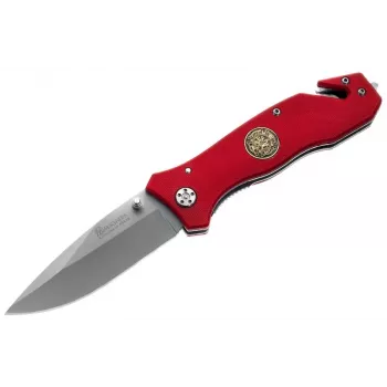 Boker Magnum Fire Dept Knife – gelbėjimo peilis su diržų pjaustytuvu ir stiklo daužytuvu, 440A plienas, raudona aliuminio rankena
