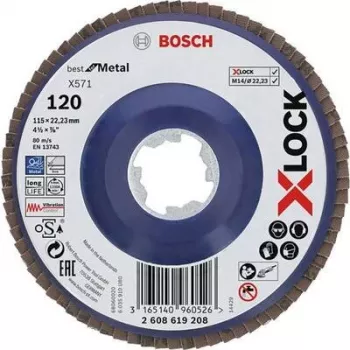 Bosch Accessories 2608619208 X-LOCK pluoštinis diskas Ø 115 mm, 120 grūdėtumo, cirkonio aliuminio oksidas, nerūdijančiam plienui