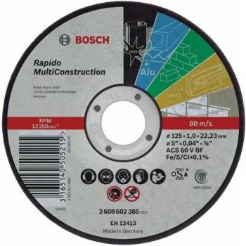 Bosch MultiConstruction pjovimo diskas 115 mm, 1,0 mm storio, 22,23 mm kiaurymė, 80 m/s, aliuminio oksidas, Type 41, metalui, akmeniui, betonui, plytoms, plytelėms, plastikui, medienui 2608602384