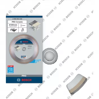 Bosch PRO Keraminis deimantinis pjovimo diskas, 250 mm skersmens, 30 mm anga (su 25,4 mm redukcijos žiedu), ištisinė briauna, šlapiam/sausam pjovimui