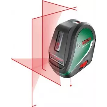Bosch Universal Level 3 kryžminių linijų lazerinis nivelyras su svambalo taškais, 10 m nuotolis, raudonas spindulys, ±0,5 mm/m tikslumas, automatinis savaiminis išsilyginimas, 1/4 colio trikojo sriegis, 4x AA baterijos 0603663904
