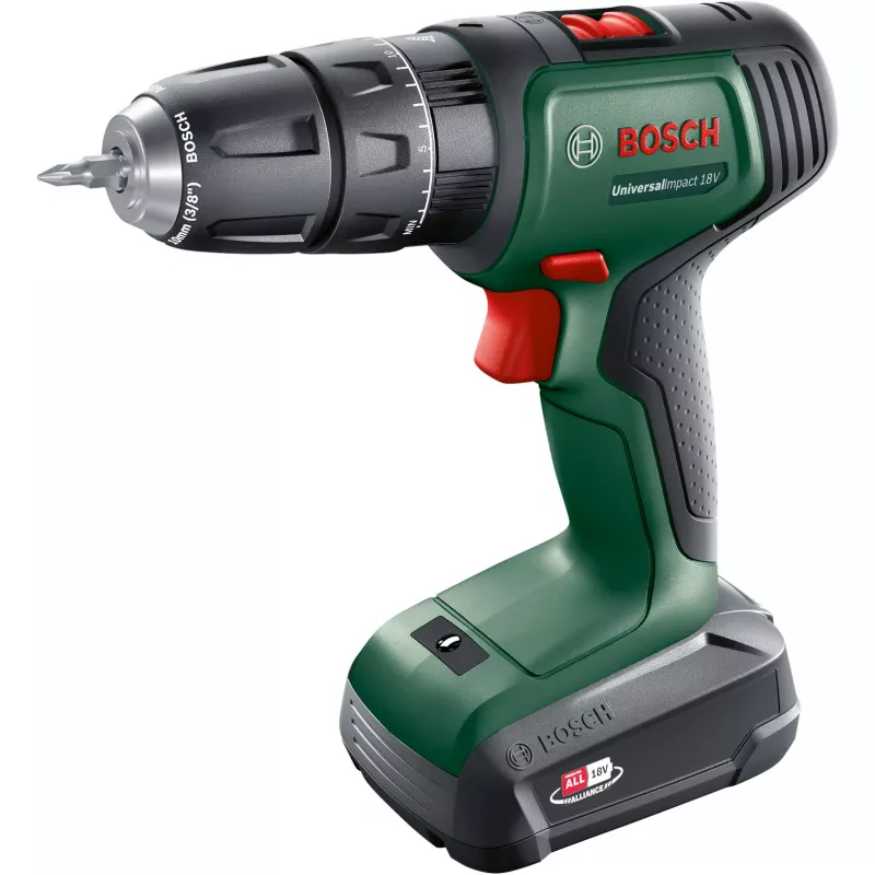 BOSCH UniversalImpact 18V belaidis smūginis gręžtuvas (žalia/juoda, 2×1,5 Ah ličio jonų, 241 dalies rinkinys)
