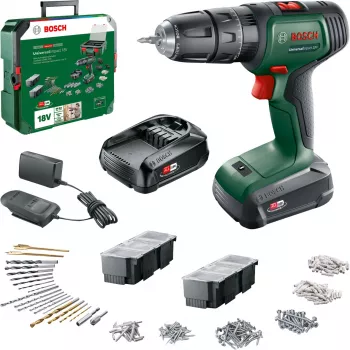 BOSCH UniversalImpact 18V belaidis smūginis gręžtuvas (žalia/juoda, 2×1,5 Ah ličio jonų, 241 dalies rinkinys)