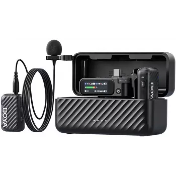 BOYA BOYAMIC 2-01 Belaidė ir laidinė mikrofono sistema 2,4GHz, AI triukšmo slopinimas su 2 imtuvais ir 1 siųstuvu (USB-C) Juoda