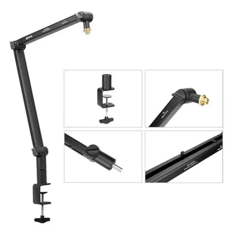 BOYA BY-BA30 Mikrofono stovo ranka (plieninė, juoda) – stalinis spaustuvas, 800 mm siekis, 360° sukimas, 1,1 kg talpa, 3/8 colio sriegis su 5/8 colio adapteriu