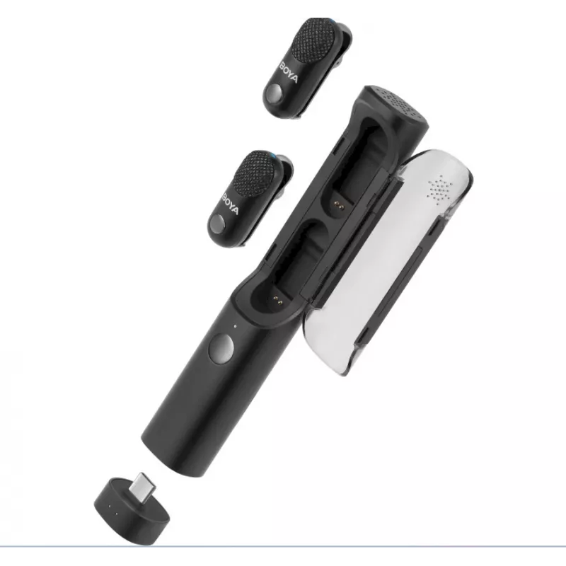 BOYA Magic-02 belaidžio mikrofono ausinės 2,4GHz USB-C/Lightning/3.5mm juodos