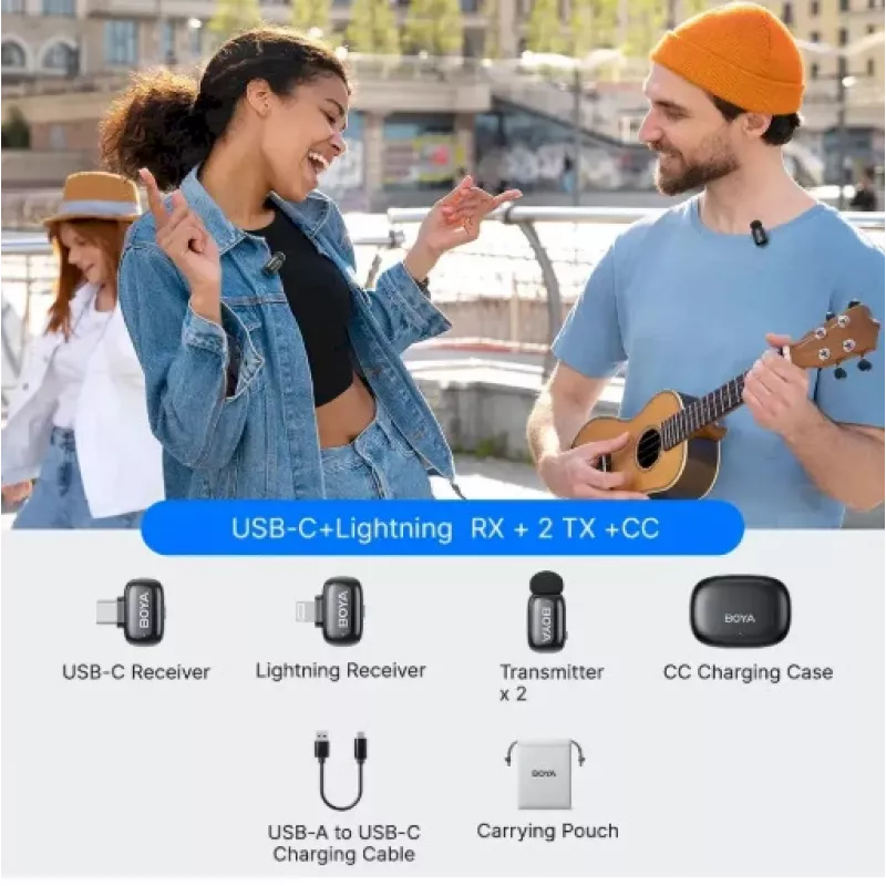 BOYA Mini 2-01 belaidė mikrofono sistema 2,4GHz su 2 siųstuvais ir 2 imtuvais (USB-C ir Lightning) juoda