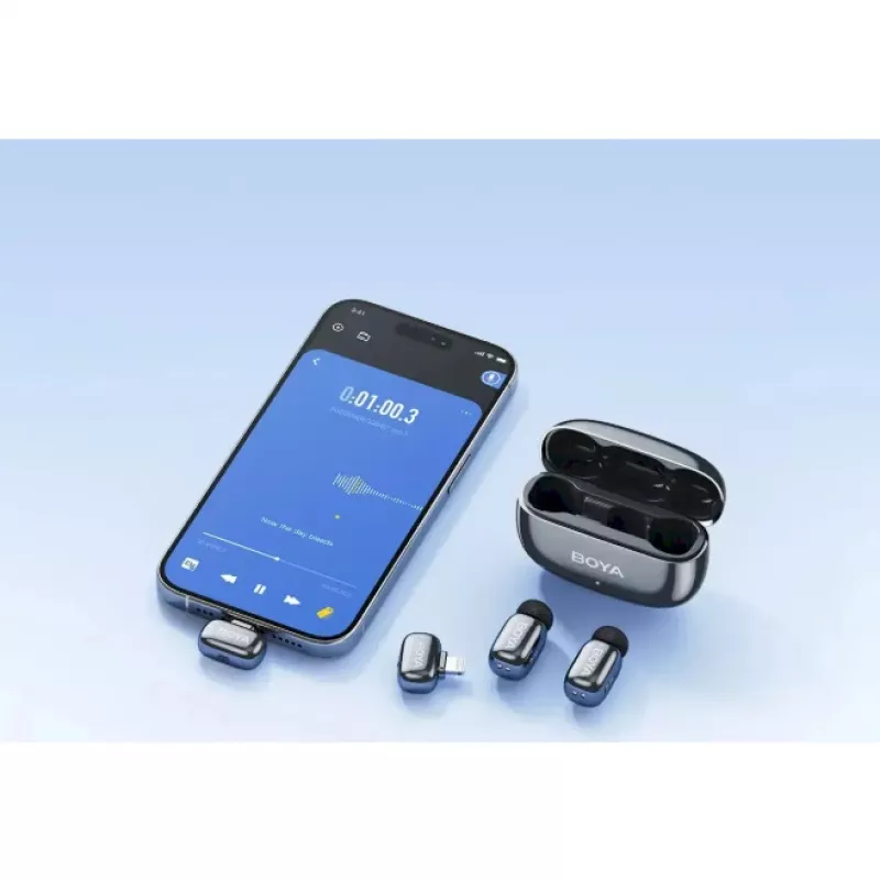 BOYA Mini 2-01 belaidė mikrofono sistema 2,4GHz su 2 siųstuvais ir 2 imtuvais (USB-C ir Lightning) juoda