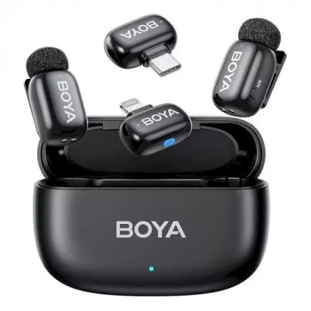 BOYA Mini 2-01 belaidė mikrofono sistema 2,4GHz su 2 siųstuvais ir 2 imtuvais (USB-C ir Lightning) juoda