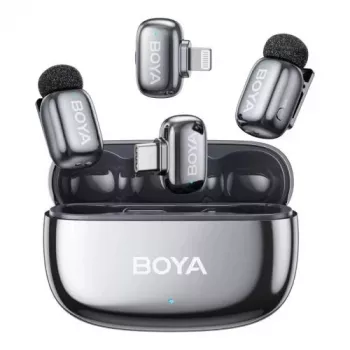 BOYA Mini 2-01 belaidė mikrofonų sistema su AI triukšmo slopinimu, 2 siųstuvais ir 2 imtuvais (USB-C ir Lightning), Space Gray