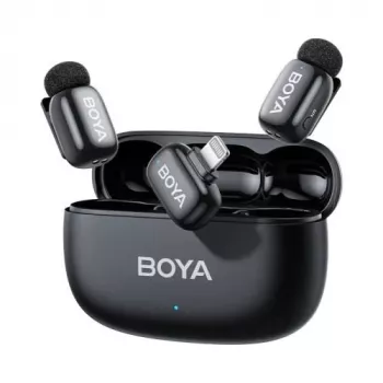 BOYA Mini 2-03 Belaidė mikrofono sistema 2,4GHz, AI triukšmo slopinimas, 2 siųstuvai + 1 Lightning imtuvas, juoda