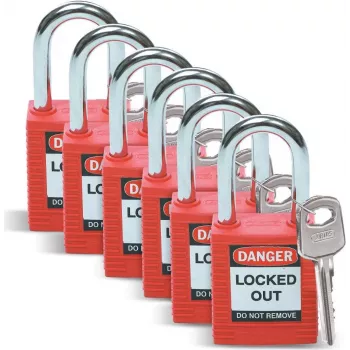 Brady Lockout Safety Pakabinama Spyna, Nailono Korpusas, Plieninis Lankas, Skirtingi Raktai, Raudona, 6 vienetų rinkinys (051339)