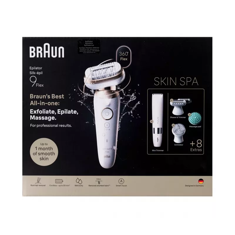 Braun Silk-épil 9 3D SES9-481 belaidis epiliatorius šlapiam ir sausam naudojimui su 40 pincetų, SensoSmart, Smartlight, trimeriu, baltas/rožinio aukso