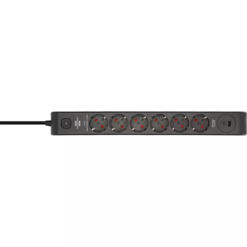 BRENNENSTUHL 6-ių lizdų ilgintuvas su 1x USB-C, 1x USB-A, apsauga nuo viršįtampių 13 500 A, 2 m kabelis, juoda/antracitas