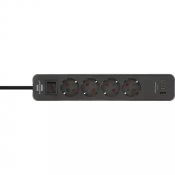 Brennenstuhl Ecolor 4-jungčių ilgintuvas su 2x USB-C, 1x USB-A, 1,5 m laidu, apsauginiu jungikliu, juodos/antracito spalvos
