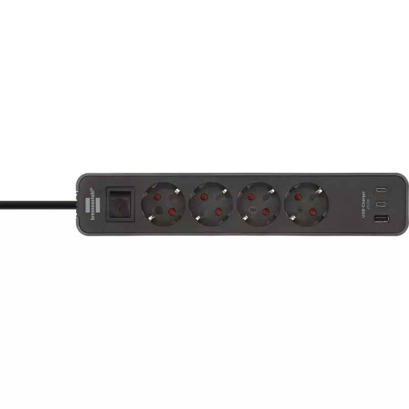 Brennenstuhl Ecolor 4-jungčių ilgintuvas su 2x USB-C, 1x USB-A, 1,5 m laidu, apsauginiu jungikliu, juodos/antracito spalvos