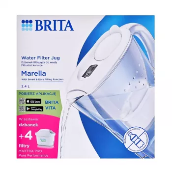 Brita Marella+ vandens filtro ąsotis su 4 Maxtra Pro kasetėmis, 2,4 l, balta