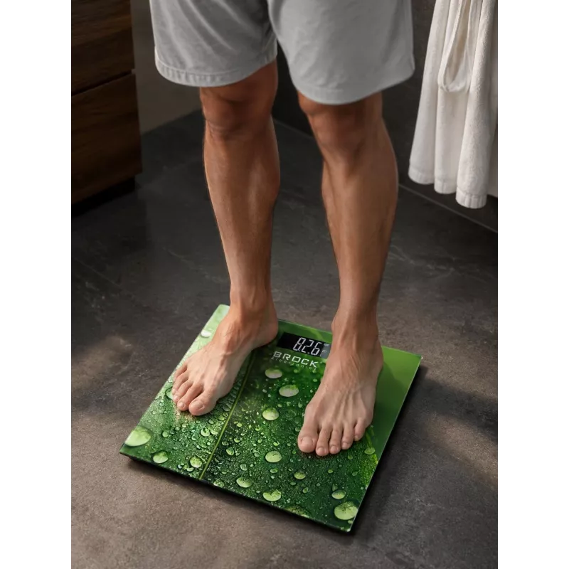 Brock BS 003 skaitmeninės vonios svarstyklės su grūdinto stiklo platforma, 180 kg talpa, LCD ekranu, baterijos pridėtos