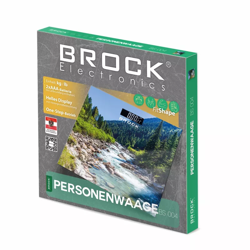 Brock BS 004 skaitmeninės vonios svarstyklės su grūdinto stiklo platforma, 180 kg talpa, 100 g tikslumu, automatiniu įjungimu/išjungimu, 2x AAA baterijos pridėtos