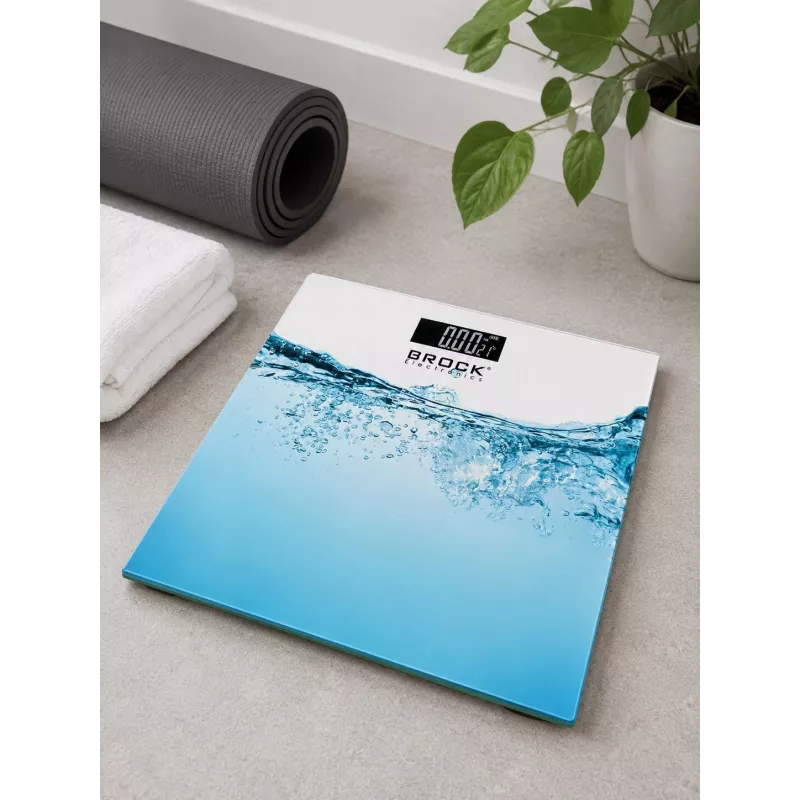Brock BS 005 skaitmeninės vonios svarstyklės su grūdinto stiklo platforma, 180 kg talpa, 100 g tikslumu, automatinis įjungimas/išjungimas, baterijos pridedamos